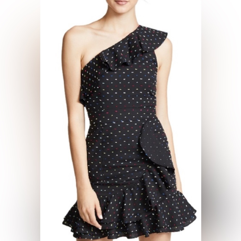 WAYF Cotton One Shoulder Black Rainbow Dot Print Mini Dress Small